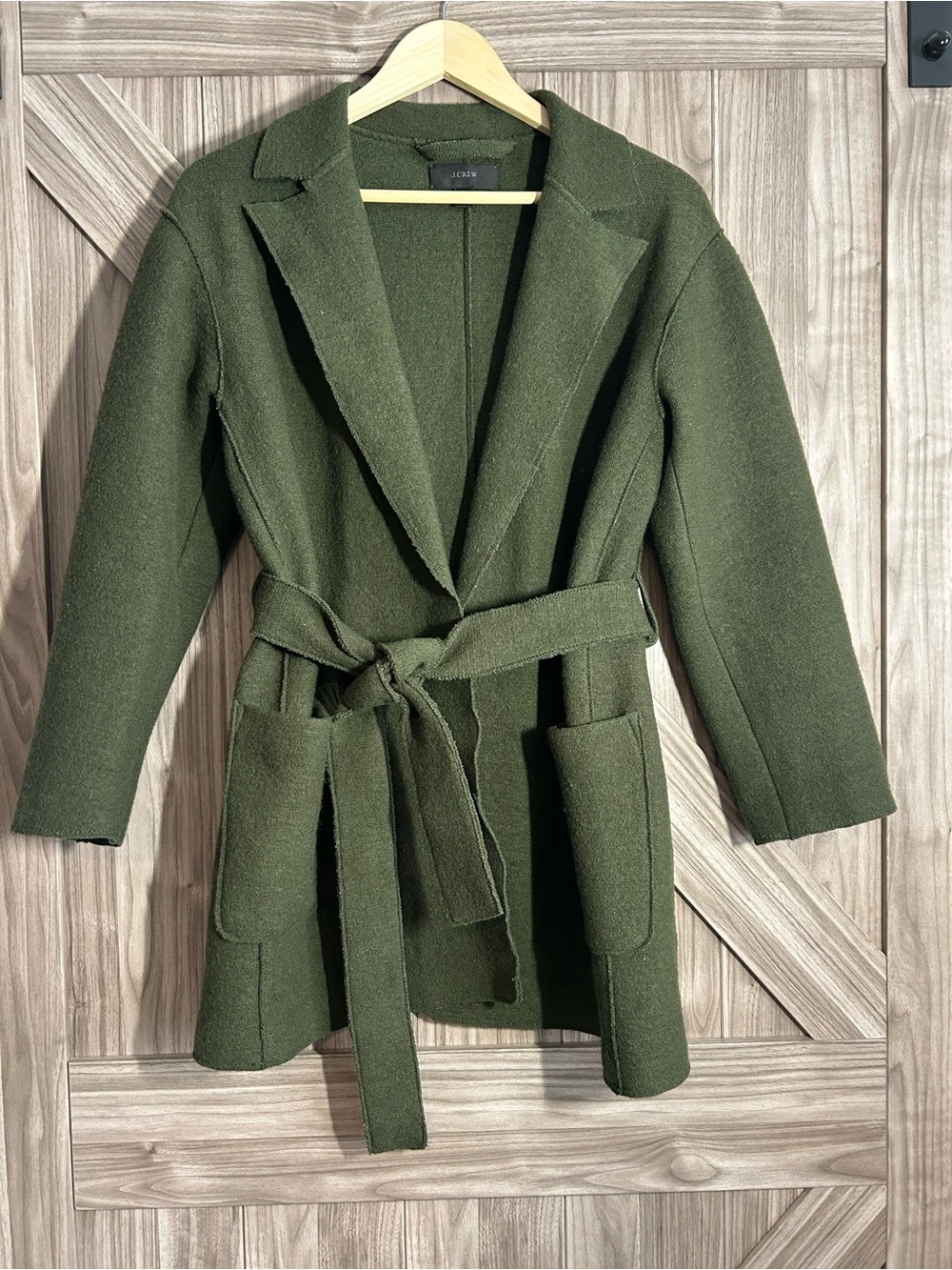 🔥 J.Crew 100% Boiled Wool Belted Wrap slouchy Coat Green XXS (Oversized!)